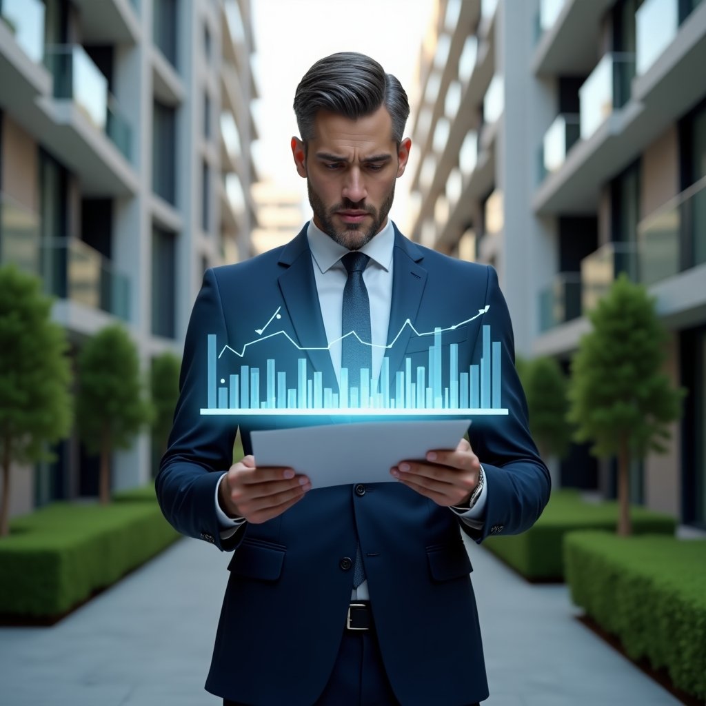 (Ultra-realistic condominium manager in a tailored navy suit, set in a modern luxury condominium environment with high-rise buildings and manicured green landscaping, reviewing a floating holographic financial report with transparent charts and graphs, projecting confidence and focus, cinematic lighting, shallow depth of field, highly detailed textures, realistic skin, photographic realism, 8k resolution --ar 1:1 --v 6)