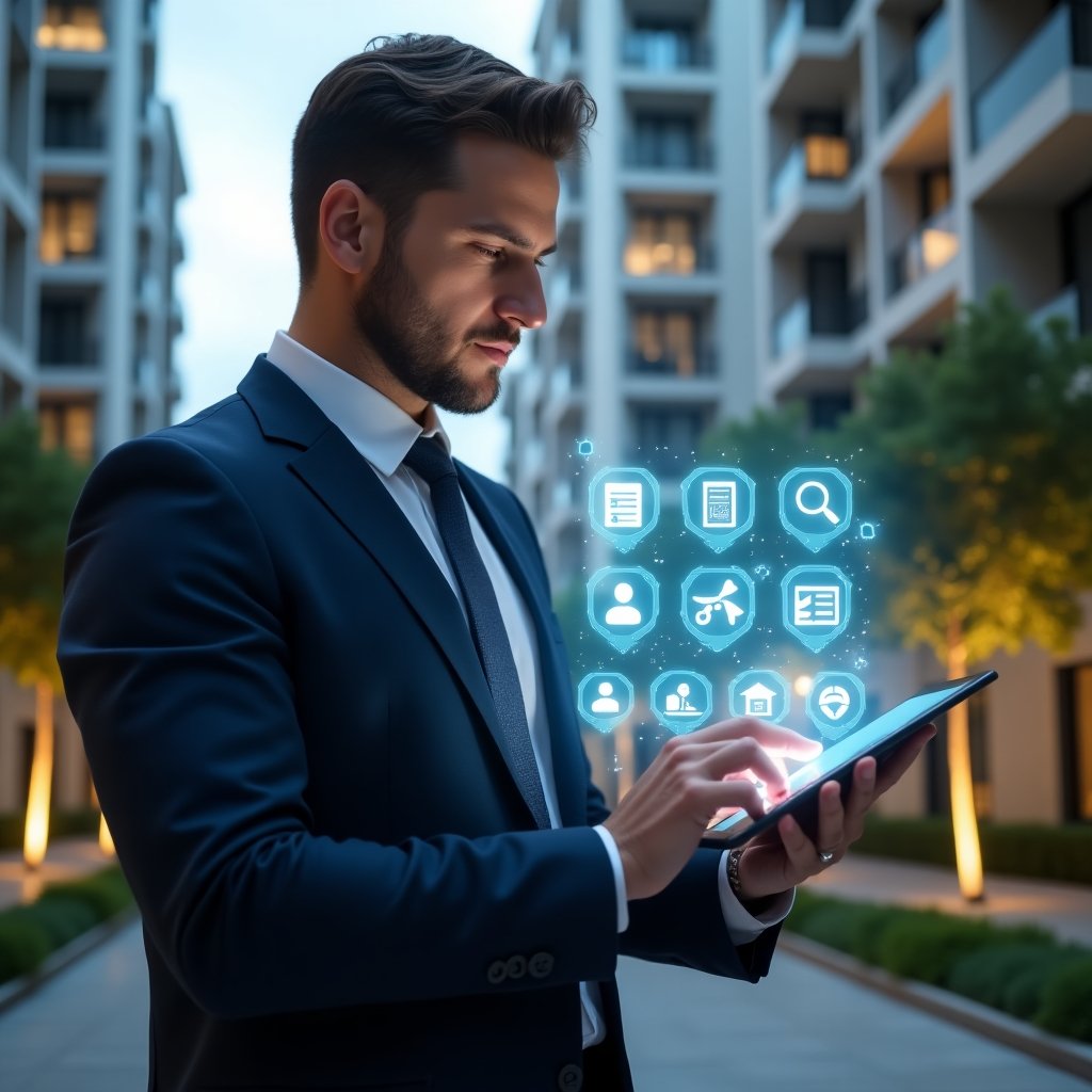 (Ultra-realistic property manager in a navy blue executive suit, set in a modern luxury condominium environment with high-rise buildings and manicured green landscaping, holding a transparent tablet displaying holographic icons for finance, visitor access, reservations, chat, maintenance, documents and analytics, confidently swiping through the interface, glowing app elements surrounding the device, cinematic lighting, shallow depth of field, highly detailed textures, realistic skin, photographic realism, 8k resolution --ar 1:1 --v 6)