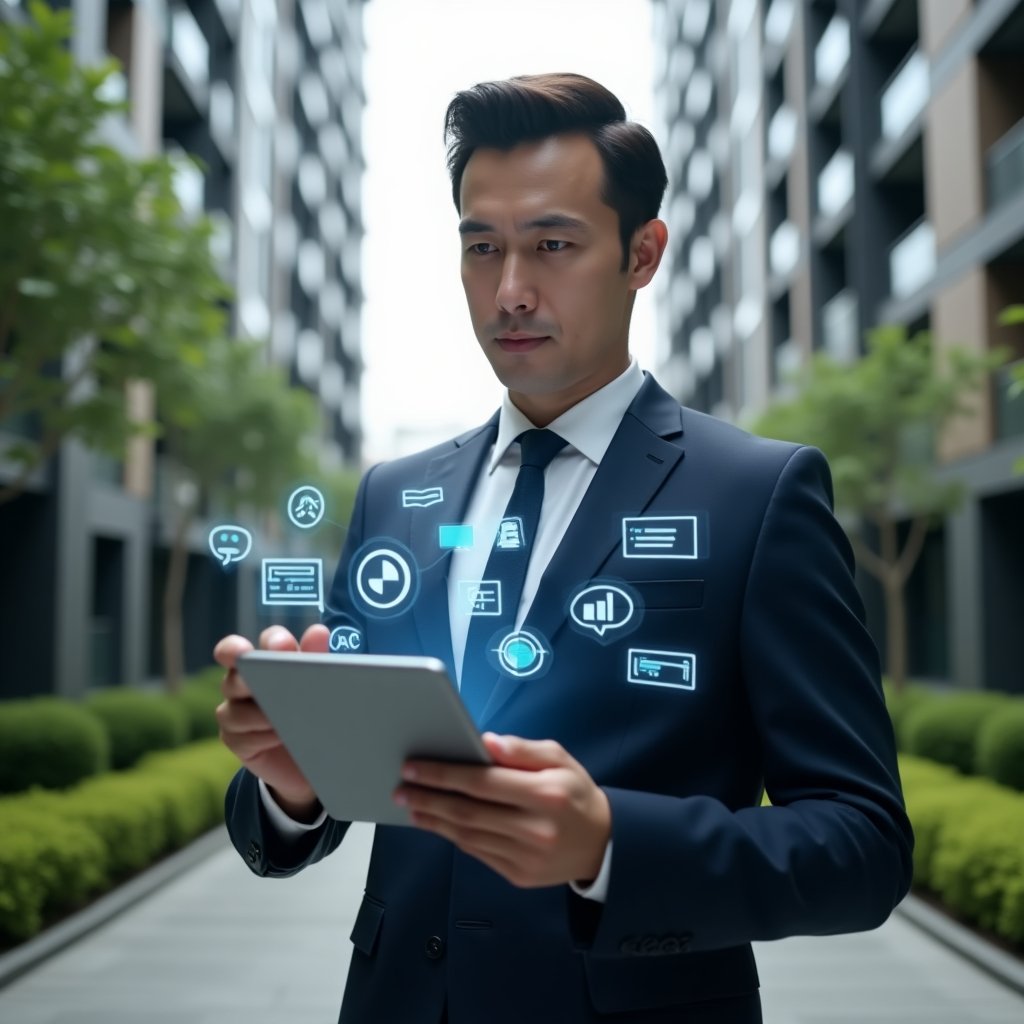 Ultra-realistic condominium manager in a tailored navy suit, set in a modern luxury condominium environment with high-rise buildings and manicured green landscaping, holding a tablet displaying floating holographic icons of chat bubbles, pie charts and security shields to represent communication, finance and safety, confident and focused expression, cinematic lighting, shallow depth of field, highly detailed textures, realistic skin, photographic realism, 8k resolution --ar 1:1 --v 6