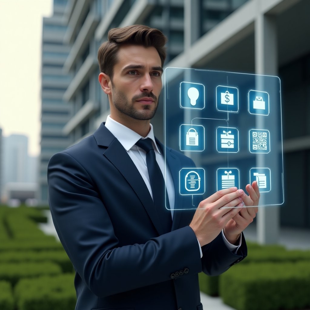 (Ultra-realistic condominium manager in a tailored navy suit, set in a modern luxury condominium environment with high-rise buildings and manicured green landscaping, interacting with a holographic interface displaying icons for facial recognition, QR code access, calendar booking, financial charts, maintenance checklists and invoice generation, confident and focused expression, cinematic lighting, shallow depth of field, highly detailed textures, realistic skin, photographic realism, 8k resolution --ar 1:1 --v 6)