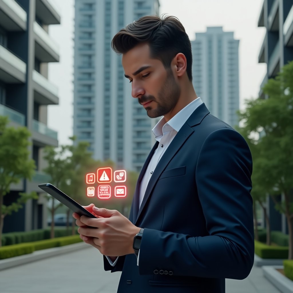 (Ultra-realistic condominium manager in a tailored navy suit, set in a modern luxury condominium environment with high-rise buildings and manicured greenery, mid-shot close-up, the manager holding a sleek tablet displaying glitchy red warning icons and floating holographic app interfaces transitioning from outdated to modern design, pointing thoughtfully at a holographic “update” symbol, cinematic lighting, shallow depth of field, highly detailed textures, realistic skin, photographic realism, 8k resolution --ar 1:1 --v 6)