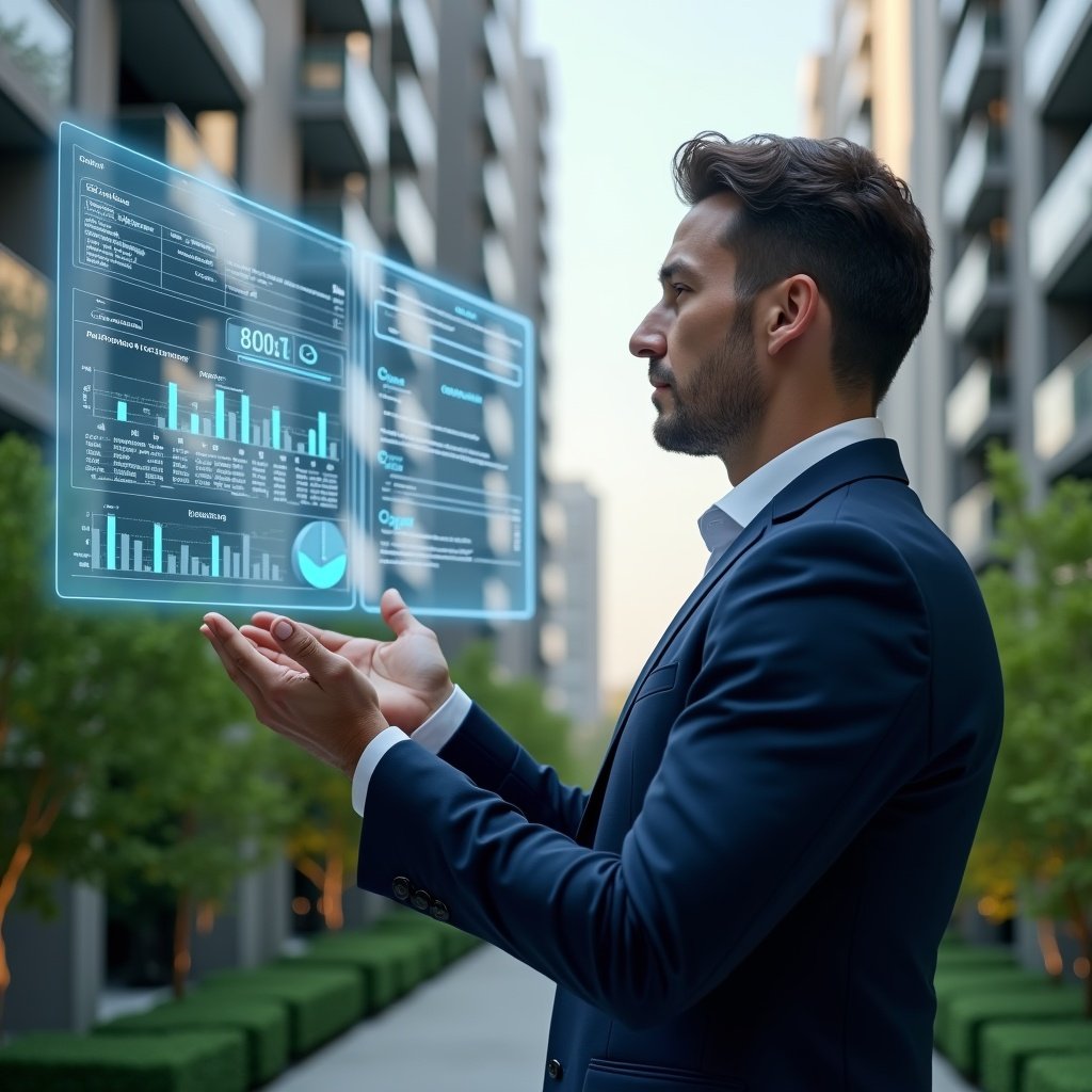 (Ultra-realistic condominium manager in a navy tailored suit, set in a modern luxury condominium environment with high-rise buildings and meticulously landscaped greenery, examining a floating holographic financial dashboard with charts and balance sheets, confidently gesturing toward automated data streams, symbolic glowing icons of invoices and audit stamps, cinematic lighting, shallow depth of field, highly detailed textures, realistic skin, photographic realism, 8k resolution --ar 1:1 --v 6)