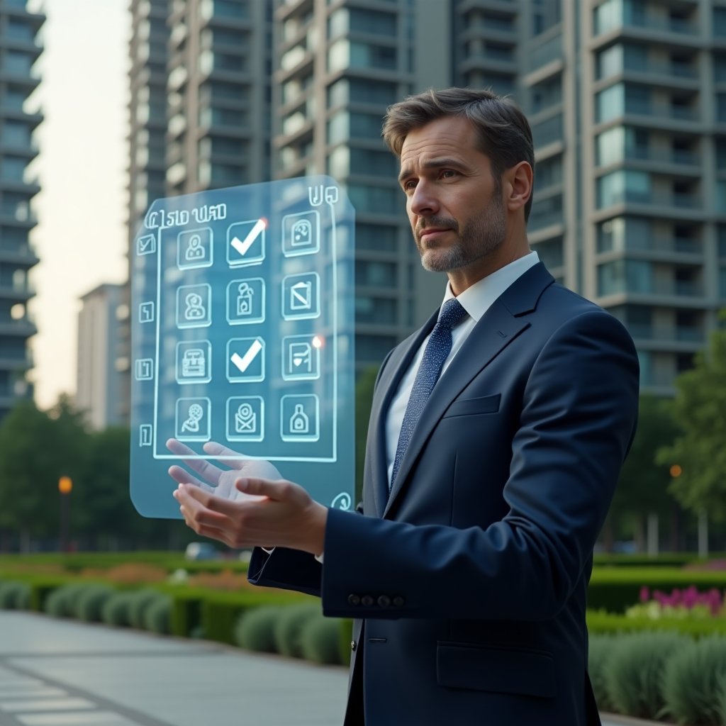 (Ultra-realistic condominium manager in a tailored navy suit, set in a modern luxury condominium environment with high-rise buildings and manicured green landscaping, confidently interacting with a translucent holographic task schedule displaying calendar icons and checkmarks, cinematic lighting, shallow depth of field, highly detailed textures, realistic skin, photographic realism, 8k resolution --ar 1:1 --v 6)