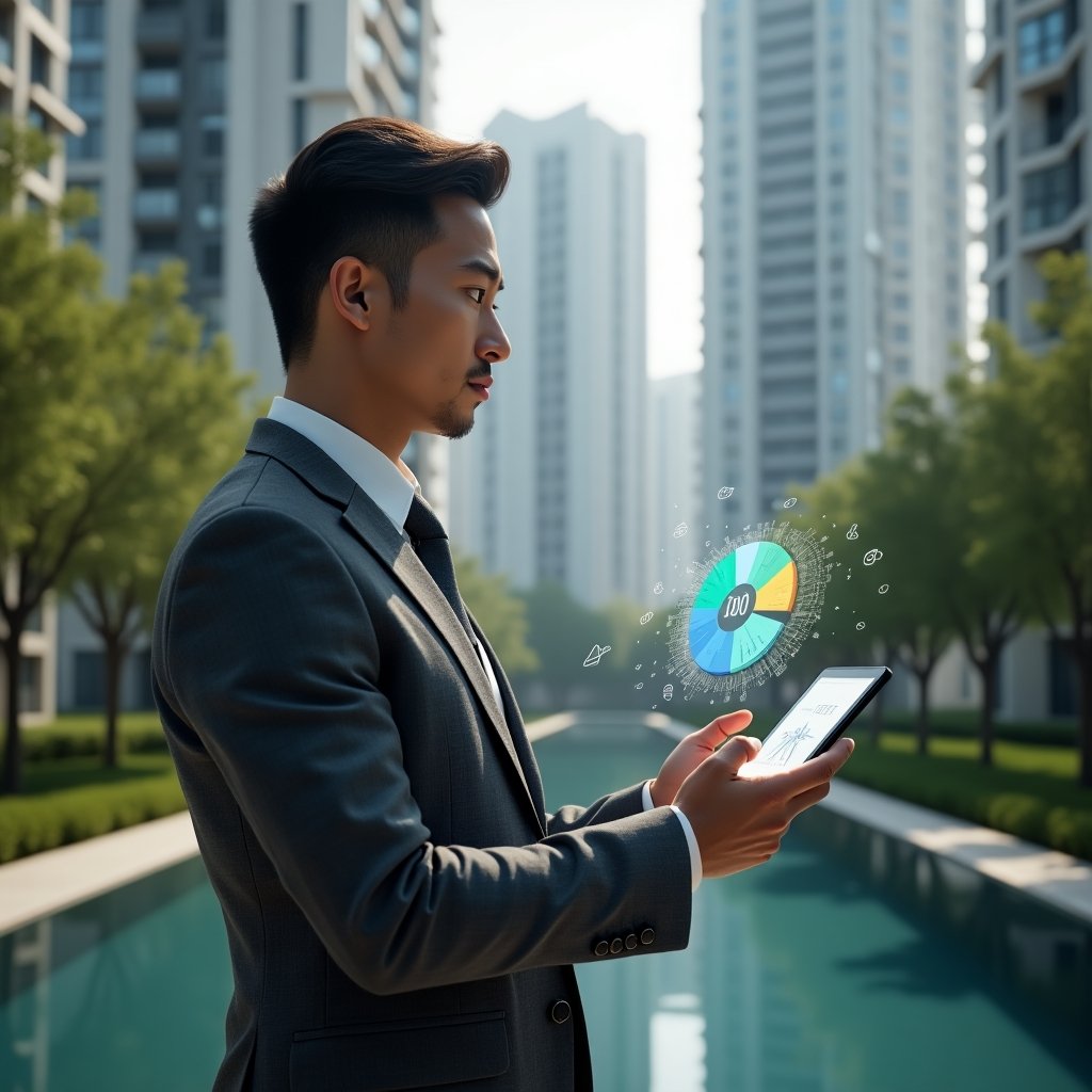 Ultra-realistic condominium manager in a charcoal gray suit, set in a modern luxury condominium environment with high-rise buildings and manicured green landscaping, holding a tablet displaying a holographic pie chart representing fraction ideal calculations, calmly confident examining data, floating icons of charts and checkmarks around, cinematic lighting, shallow depth of field, highly detailed textures, realistic skin, photographic realism, 8k resolution --ar 1:1 --v 6