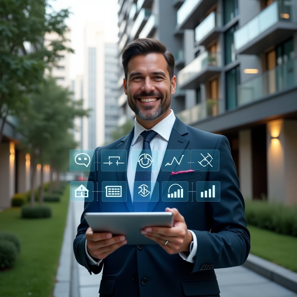 (Ultra-realistic condominium manager in a navy tailored suit, set in a modern luxury condominium environment with high-rise buildings and manicured green landscaping, holding a tablet displaying holographic icons of chat, calendar, maintenance and financial graphs, smiling confidently as if using a management app, subtle futuristic hologram overlay, cinematic lighting, shallow depth of field, highly detailed textures, realistic skin, photographic realism, 8k resolution --ar 1:1 --v 6)