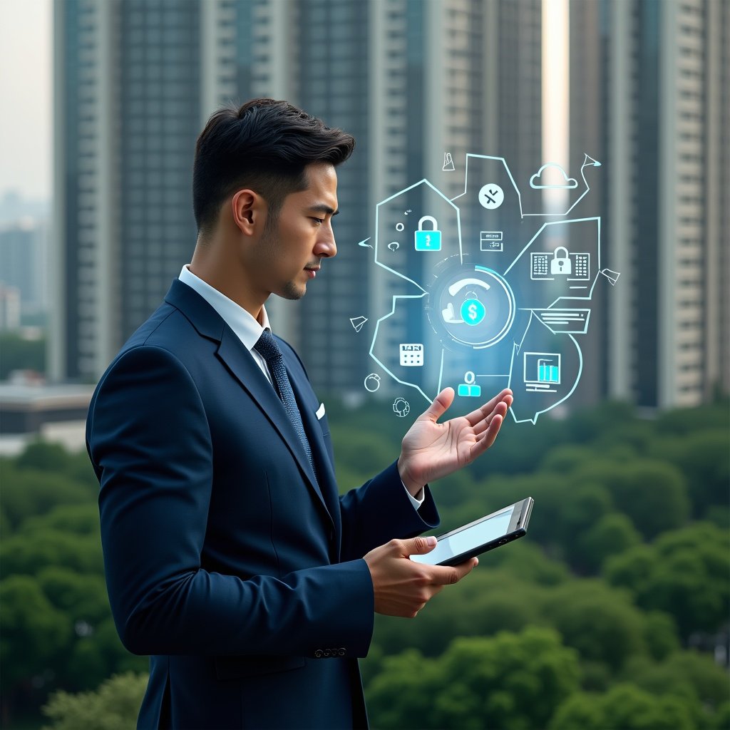 Ultra-realistic condominium manager in a navy tailored suit, set in a modern luxury condominium environment with high-rise buildings and lush green landscaping, holding a tablet and interacting with a floating holographic dashboard displaying cloud icons, security padlocks, real-time charts and reports, confident expression, cinematic lighting, shallow depth of field, highly detailed textures, realistic skin, photographic realism, 8k resolution --ar 1:1 --v 6