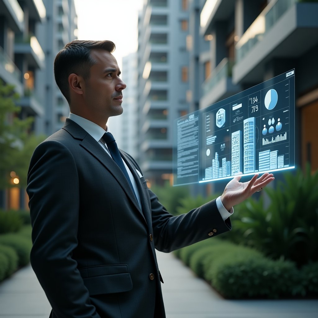 Ultra-realistic condominium manager in a tailored dark gray suit, set in a modern luxury condominium environment with high-rise buildings and lush green landscaping, standing mid-frame examining a floating holographic dashboard of building icons and data charts, confident and focused expression, cinematic lighting, shallow depth of field, highly detailed textures, realistic skin, photographic realism, 8k resolution --ar 1:1 --v 6