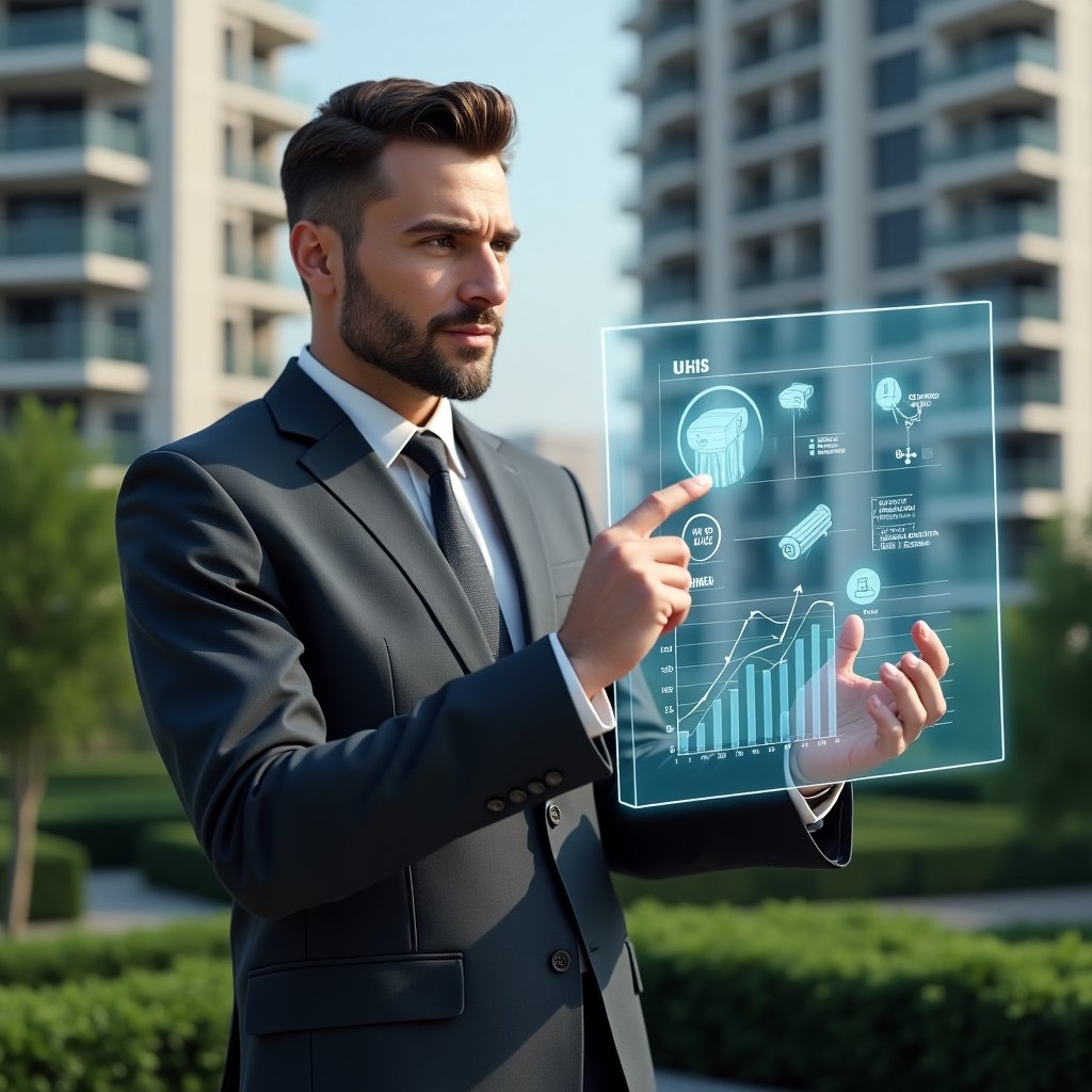(Ultra-realistic condominium manager in a tailored dark gray suit, set in a modern luxury condominium environment with high-rise buildings and manicured green landscaping, reviewing a holographic budget chart and pointing at floating icons of cleaning equipment, security cameras, and maintenance tools, confident and focused expression, cinematic lighting, shallow depth of field, highly detailed textures, realistic skin, photographic realism, 8k resolution --ar 1:1 --v 6)