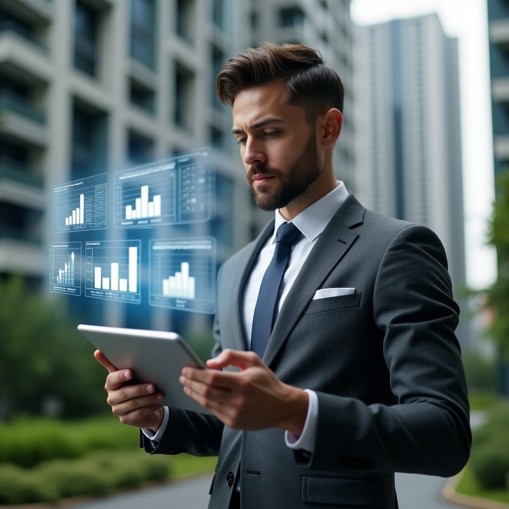(Ultra-realistic condominium manager in a charcoal gray executive suit, set in a modern luxury condominium environment with high-rise buildings and lush green landscaping, analyzing a holographic quarterly financial report projected from a sleek tablet, floating icons of charts and invoices around them, confident and focused expression, cinematic lighting, shallow depth of field, highly detailed textures, realistic skin, photographic realism, 8k resolution --ar 1:1 --v 6)