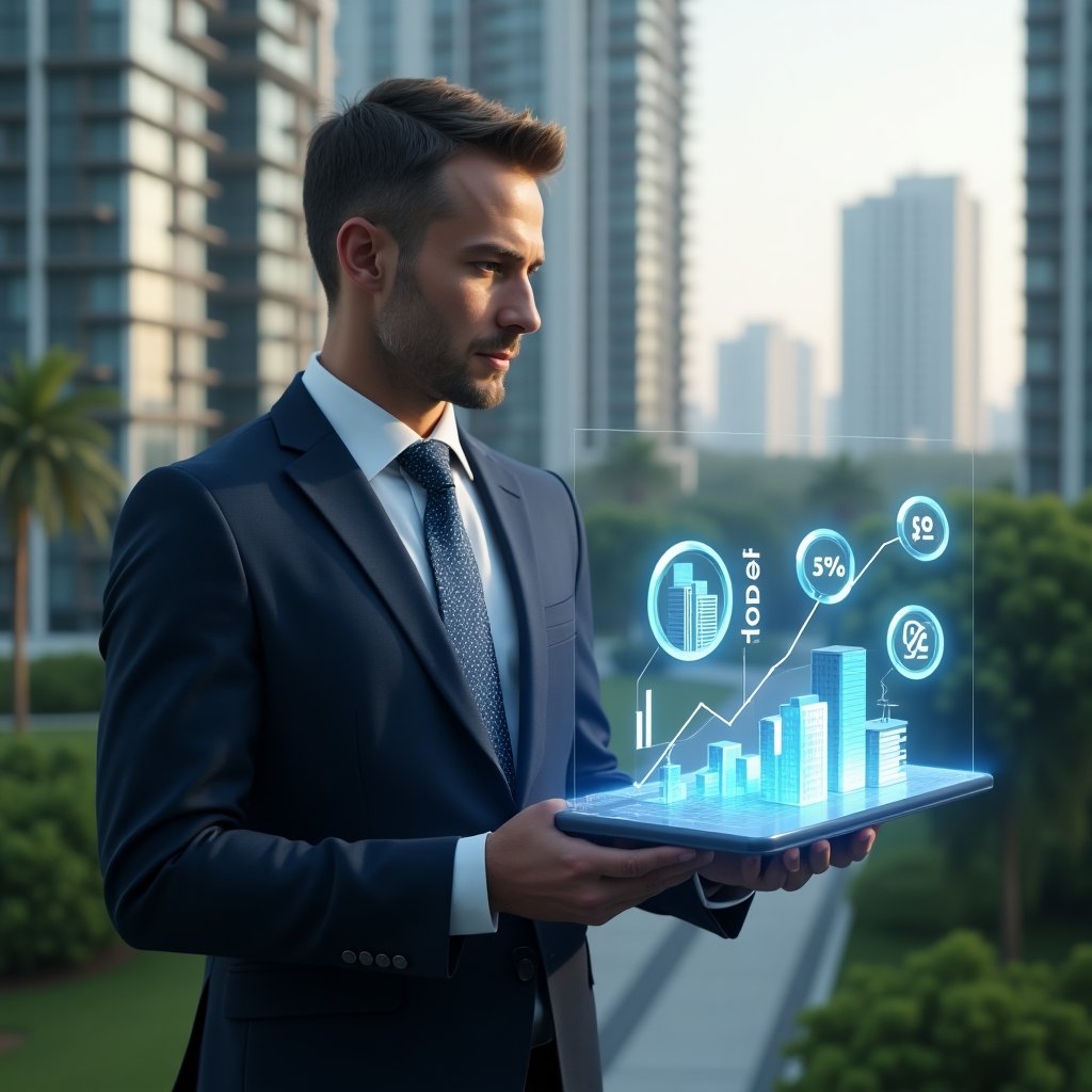 (Ultra-realistic condominium manager in a navy executive suit, set in a modern luxury condominium environment with high-rise buildings and meticulously landscaped green areas, examining a semi-transparent holographic financial dashboard with expense charts and building icons floating around, confident and focused expression, cinematic lighting, shallow depth of field, highly detailed textures, realistic skin, photographic realism, 8k resolution --ar 1:1 --v 6)