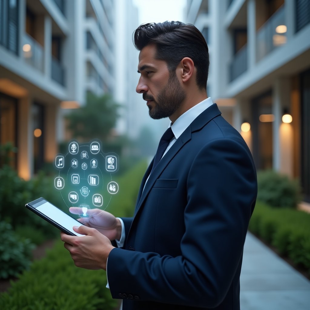 Ultra-realistic condominium manager in a navy tailored suit, set in a modern luxury condominium environment with high-rise buildings and manicured green landscaping, holding a digital tablet displaying holographic icons for communication, organization, and leadership, thoughtful confident expression, cinematic lighting, shallow depth of field, highly detailed textures, realistic skin, photographic realism, 8k resolution --ar 1:1 --v 6