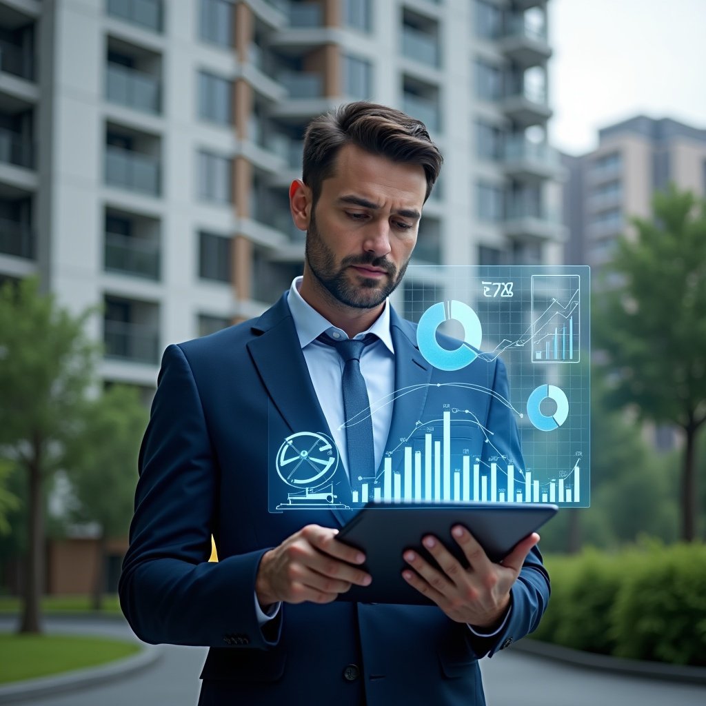Ultra-realistic condominium manager in a navy blue suit, set in a modern luxury condominium environment with high-rise buildings and lush green landscaping, analyzing holographic KPI charts projected from a sleek tablet, floating bar graphs and pie charts symbolizing performance metrics, confident expression, cinematic lighting, shallow depth of field, highly detailed textures, realistic skin, photographic realism, 8k resolution --ar 1:1 --v 6