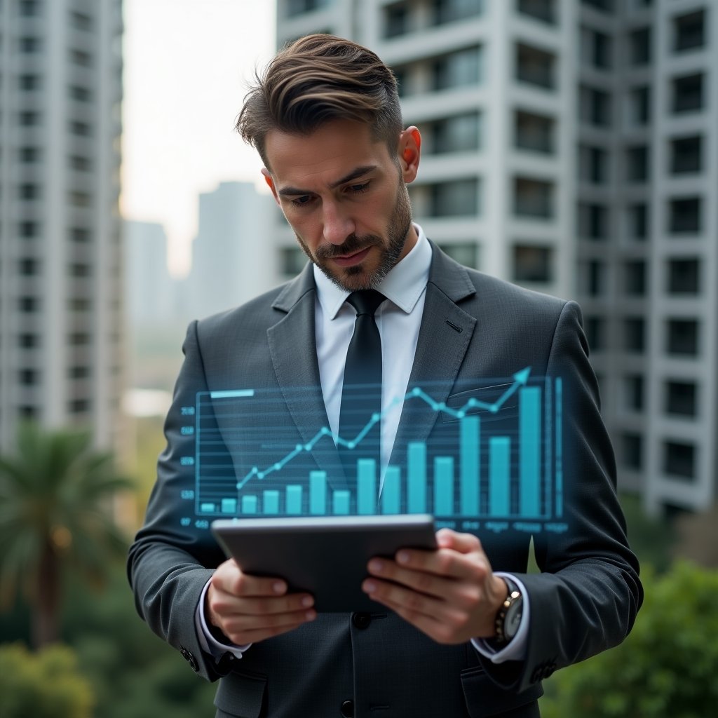 (Ultra-realistic condominium manager in a charcoal gray executive suit, set in a modern luxury condominium environment with high-rise buildings and manicured gardens, holding a tablet and analyzing floating holographic financial charts and graphs that represent key performance indicators, confident and focused expression, cinematic lighting, shallow depth of field, highly detailed textures, realistic skin, photographic realism, 8k resolution --ar 1:1 --v 6)