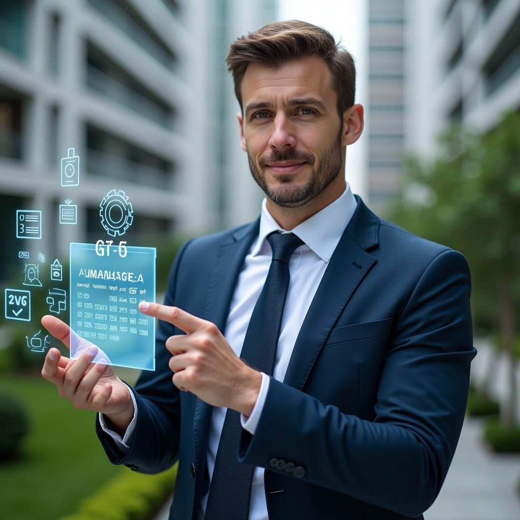 Ultra-realistic property manager in a navy suit, set in a modern luxury condominium environment with high-rise buildings and manicured green landscaping, holding a holographic calendar schedule and pointing at highlighted tasks with gears and checklist icons floating around, confident and focused expression, cinematic lighting, shallow depth of field, highly detailed textures, realistic skin, photographic realism, 8k resolution --ar 1:1 --v 6