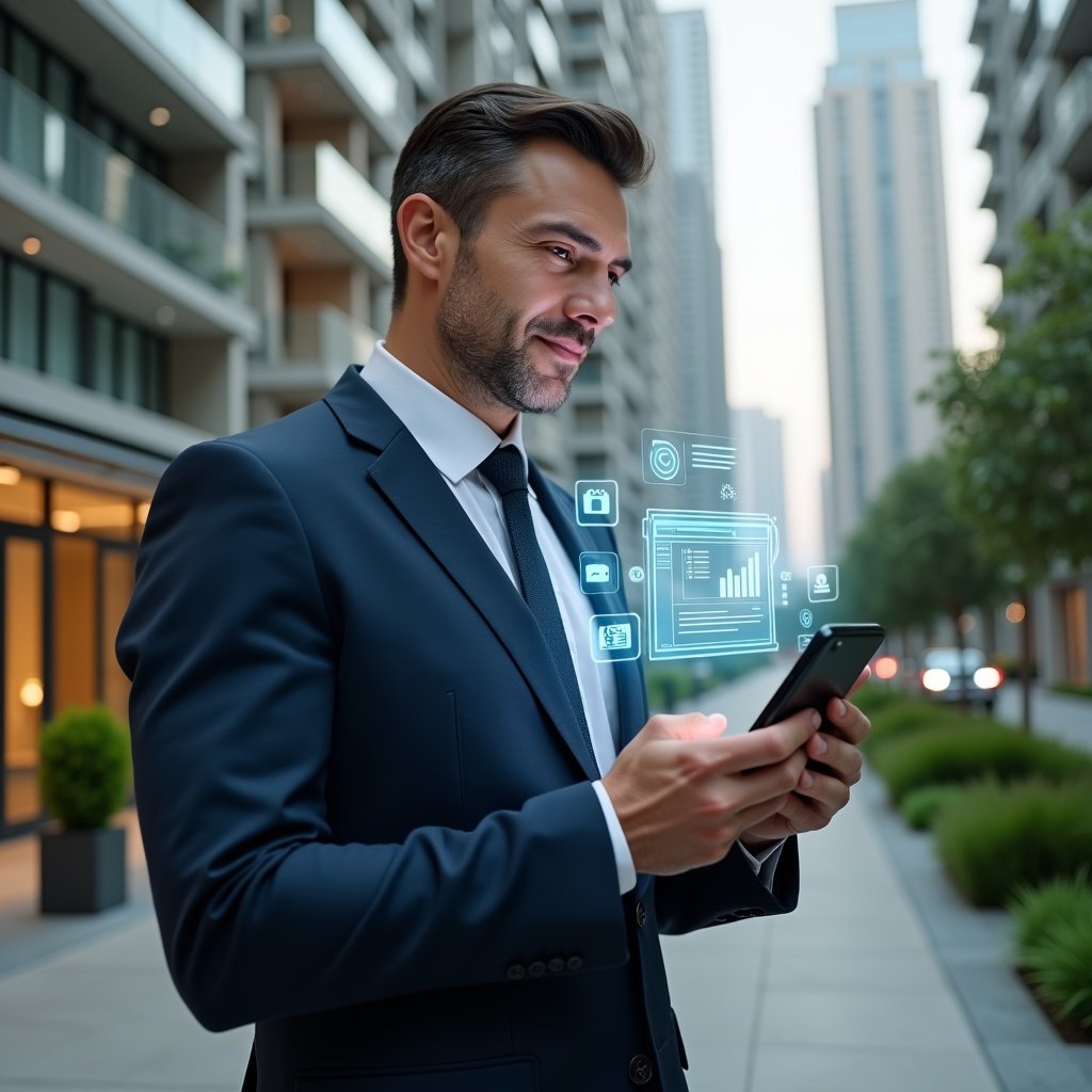 (Ultra-realistic condominium manager in a tailored navy suit, set in a modern luxury condominium environment with high-rise buildings and manicured green landscaping, holding a smartphone projecting a holographic interface of an app dashboard, confident and focused expression, floating icons for billing, messaging and virtual meetings around the device, cinematic lighting, shallow depth of field, highly detailed textures, realistic skin, photographic realism, 8k resolution --ar 1:1 --v 6)