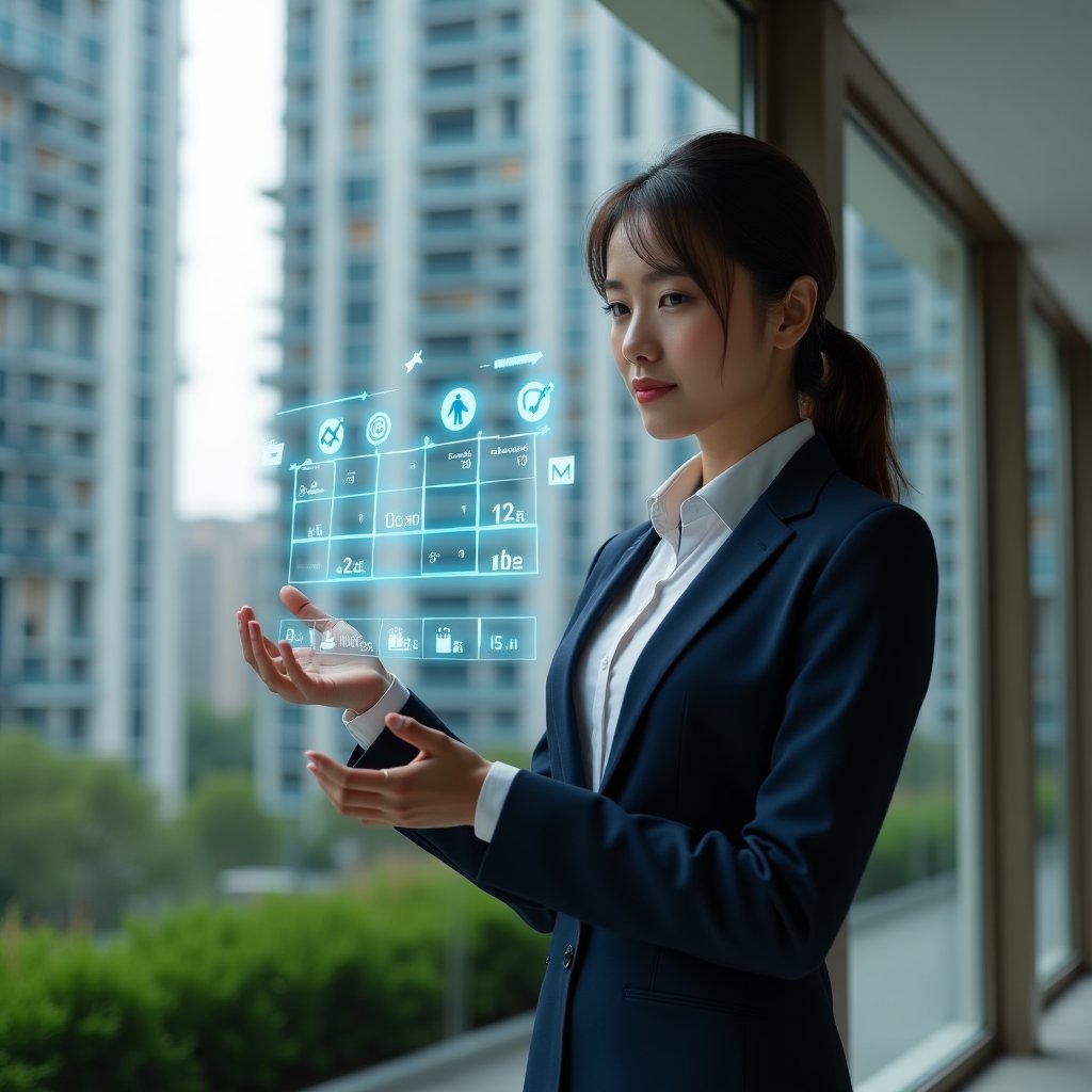 (Ultra-realistic condominium manager in a tailored navy suit, set in a modern luxury condominium environment with high-rise buildings and manicured green landscaping, interacting confidently with a floating holographic activity schedule displaying checkmarks and timelines, holographic calendar icons glowing around her, cinematic lighting, shallow depth of field, highly detailed textures, realistic skin, photographic realism, 8k resolution --ar 1:1 --v 6)