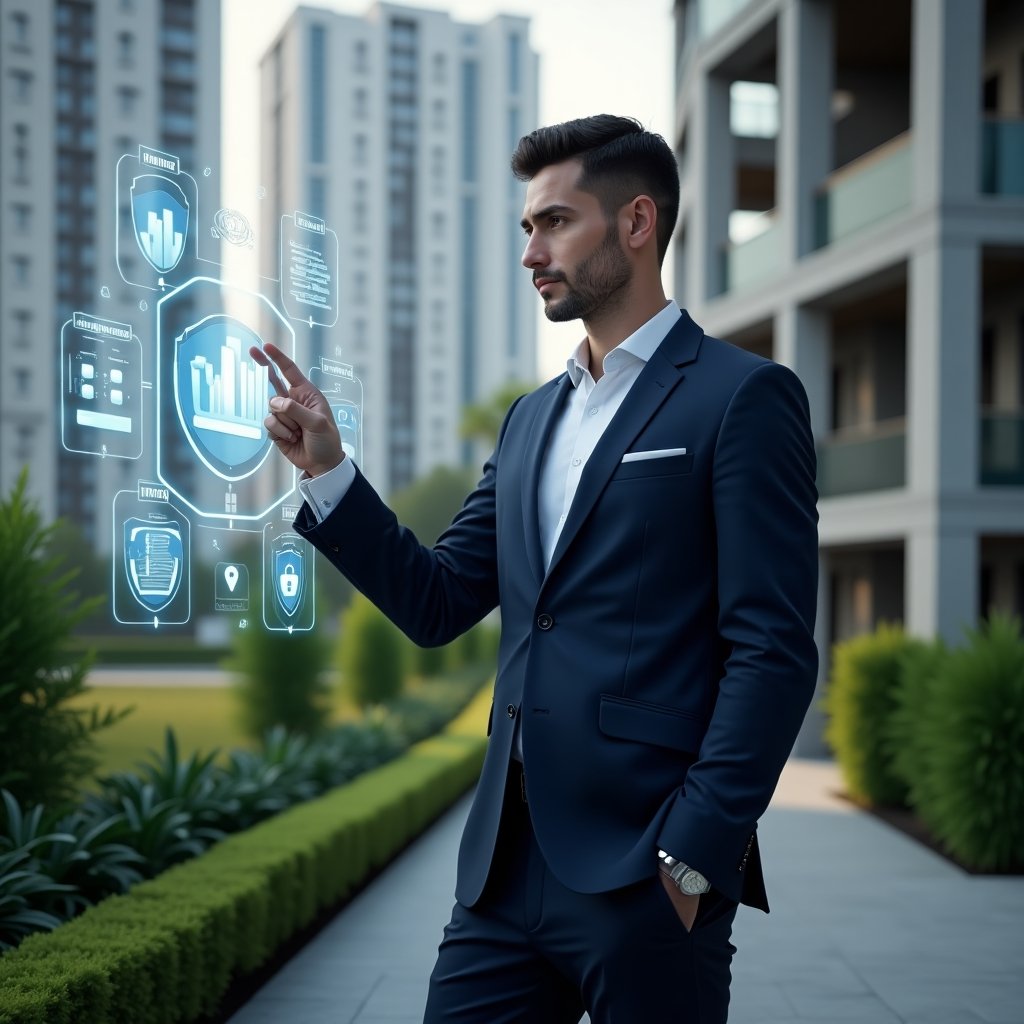 (Ultra-realistic condominium manager in a sleek navy blue suit, set in a modern luxury condominium environment with high-rise buildings and lush green landscaping, interacting with a holographic interface displaying financial charts, reservation calendars, security shields and communication icons to represent innovative digital management tools, confident and focused expression, cinematic lighting, shallow depth of field, highly detailed textures, realistic skin, photographic realism, 8k resolution --ar 1:1 --v 6)
