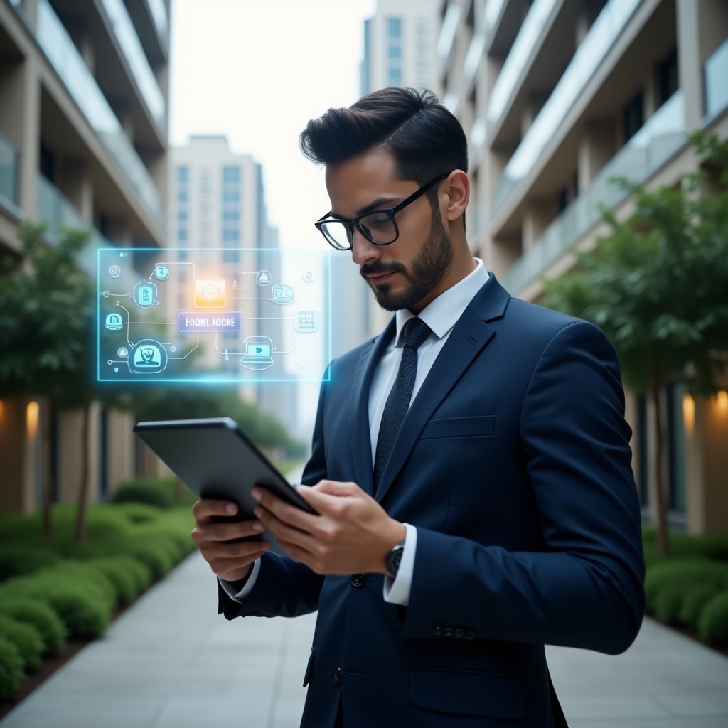 Ultra-realistic condominium manager in a tailored navy suit, set in a modern luxury condominium environment with high-rise buildings and meticulously landscaped greenery, holding a tablet and examining floating holographic icons representing streamlined workflows and resident communications, confident and focused expression, cinematic lighting, shallow depth of field, highly detailed textures, realistic skin, photographic realism, 8k resolution --ar 1:1 --v 6