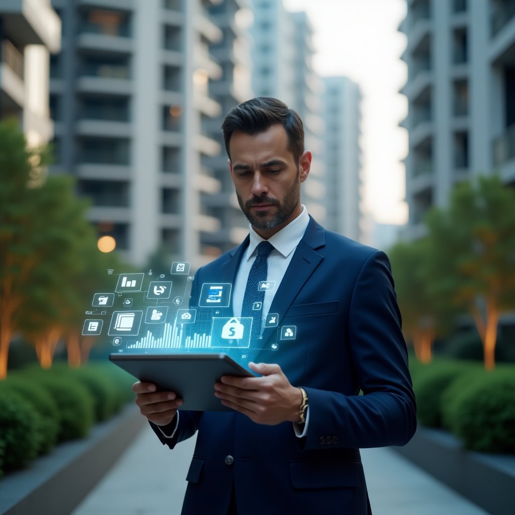 Ultra-realistic condominium manager in a navy blue suit, set in a modern luxury condominium environment with high-rise buildings and green landscaping, standing in a medium shot, confidently analyzing a transparent digital tablet displaying holographic financial charts and communication icons, futuristic app icons floating around, cinematic lighting, shallow depth of field, highly detailed textures, realistic skin, photographic realism, 8k resolution --ar 1:1 --v 6