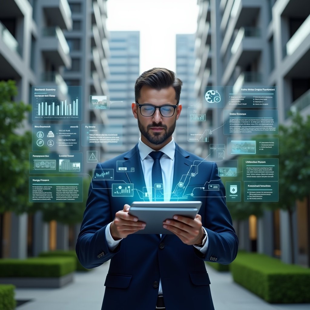 (Ultra-realistic condominium manager in a navy blue executive suit, set in a modern luxury condominium environment with high-rise buildings and lush green landscaping, holding a transparent tablet displaying holographic management dashboards and notifications, confidently reviewing digital charts and icons symbolizing streamlined workflows and resident engagement, cinematic lighting, shallow depth of field, highly detailed textures, realistic skin, photographic realism, 8k resolution --ar 1:1 --v 6)