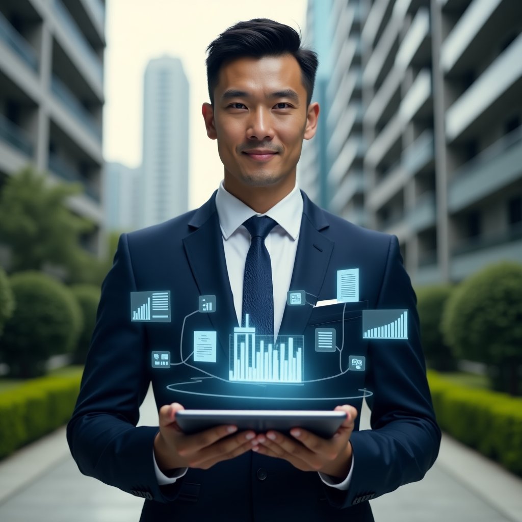 Ultra-realistic condominium manager in a tailored navy suit, set in a modern luxury condominium environment with high-rise buildings and manicured green landscaping, holding a tablet displaying floating holographic documents and charts to symbolize the digital transition from paper to app, surrounded by subtle holographic icons of files and graphs, confident and focused expression, cinematic lighting, shallow depth of field, highly detailed textures, realistic skin, photographic realism, 8k resolution --ar 1:1 --v 6