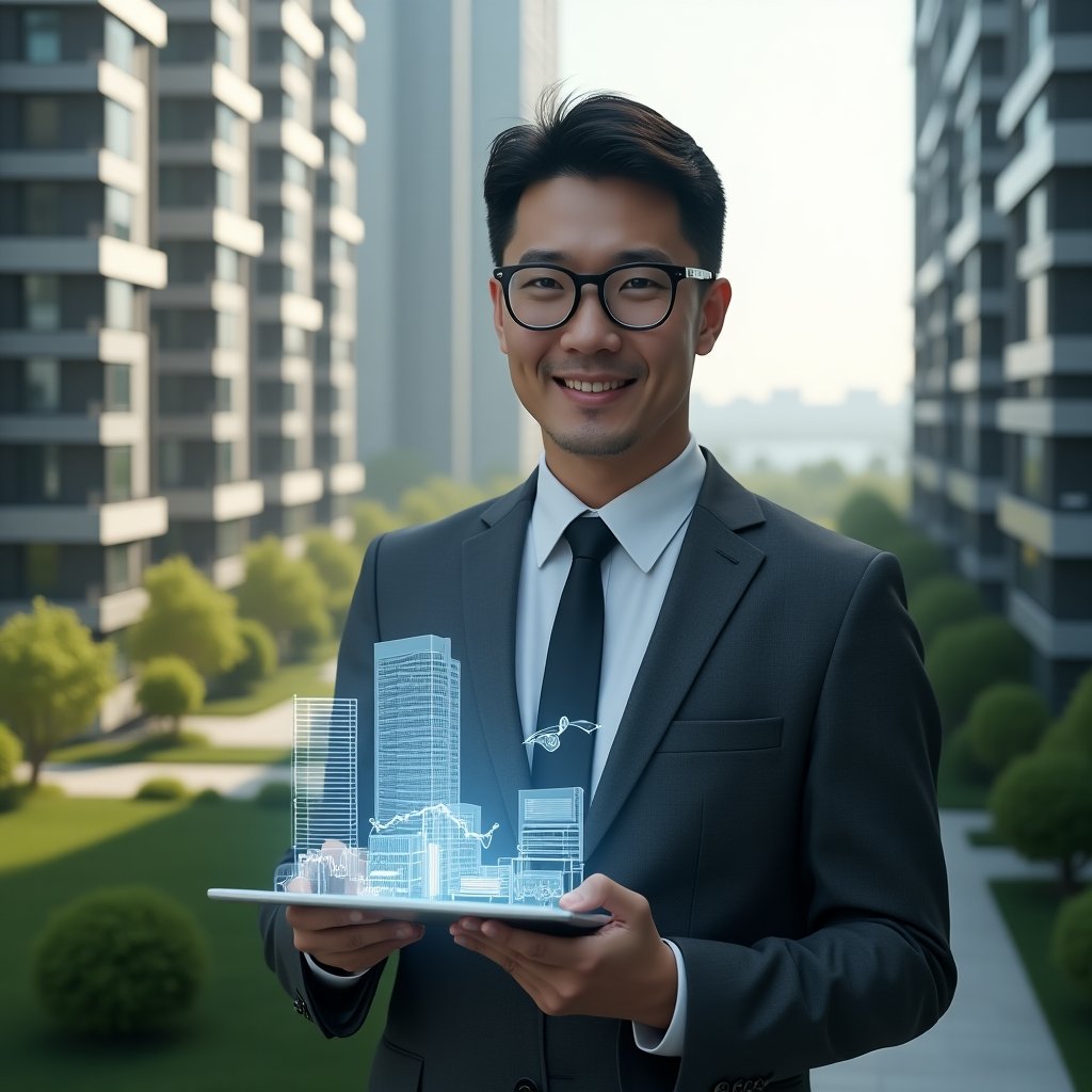 Ultra-realistic condominium manager in a charcoal gray executive suit, set in a modern luxury condominium environment with high-rise buildings and meticulously manicured green landscaping, holding a transparent holographic tablet displaying building management icons and financial charts, confidently interacting with the hologram, cinematic lighting, shallow depth of field, highly detailed textures, realistic skin, photographic realism, 8k resolution --ar 1:1 --v 6