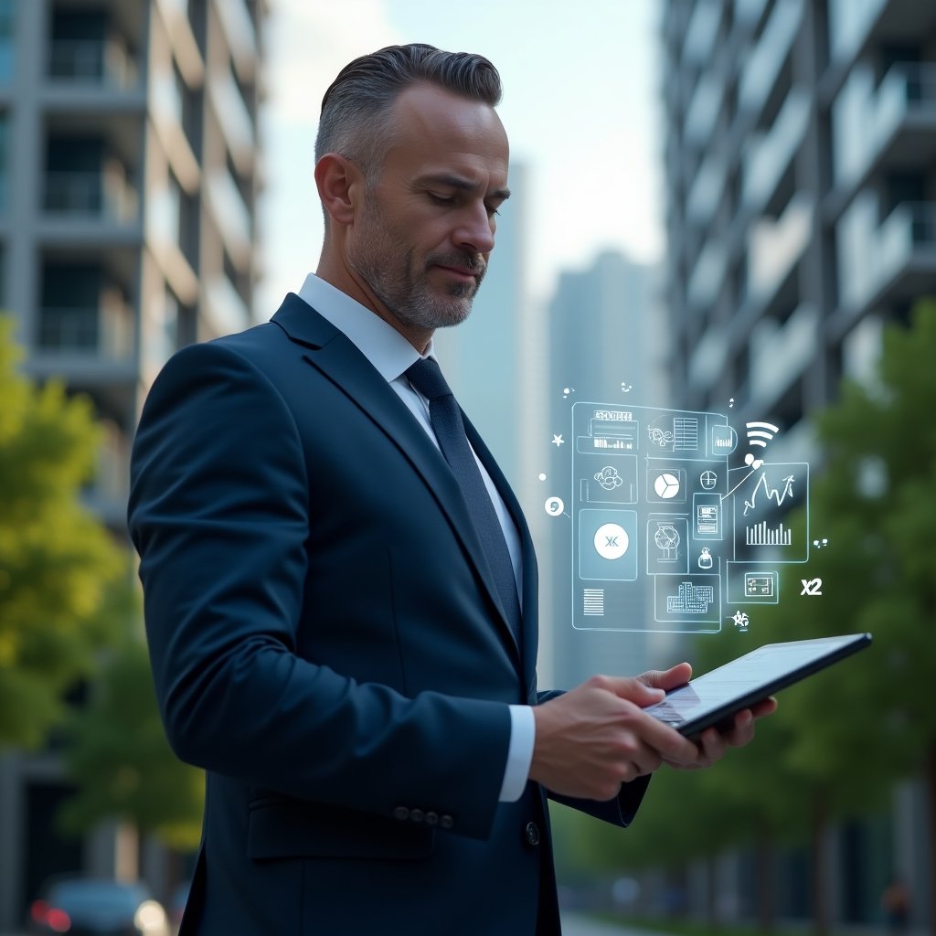 (Ultra-realistic property manager in a navy suit, set in a modern luxury condominium environment with high-rise buildings and meticulously landscaped greenery, holding a tablet displaying floating holographic icons for communication, finance and analytics, confidently reviewing data on screen, holographic condominium floor plans and charts swirling around, cinematic lighting, shallow depth of field, highly detailed textures, realistic skin, photographic realism, 8k resolution --ar 1:1 --v 6)