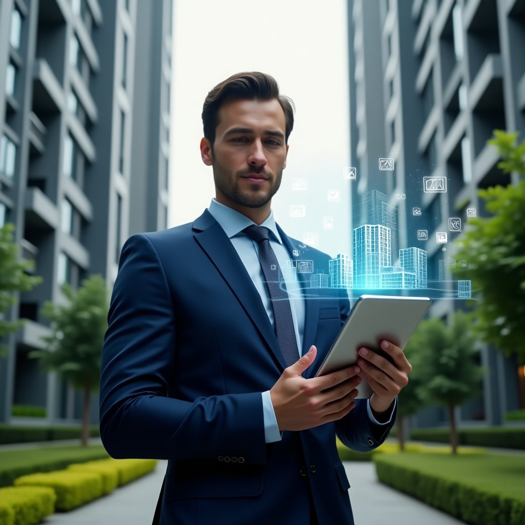 (Ultra-realistic condominium manager in a tailored dark blue suit, set in a modern luxury condominium environment with high-rise buildings and manicured green landscaping, holding a tablet and confidently tapping on a holographic financial dashboard, surrounded by floating icons of apartment blocks, charts and notifications symbolizing digital management, cinematic lighting, shallow depth of field, highly detailed textures, realistic skin, photographic realism, 8k resolution --ar 1:1 --v 6)