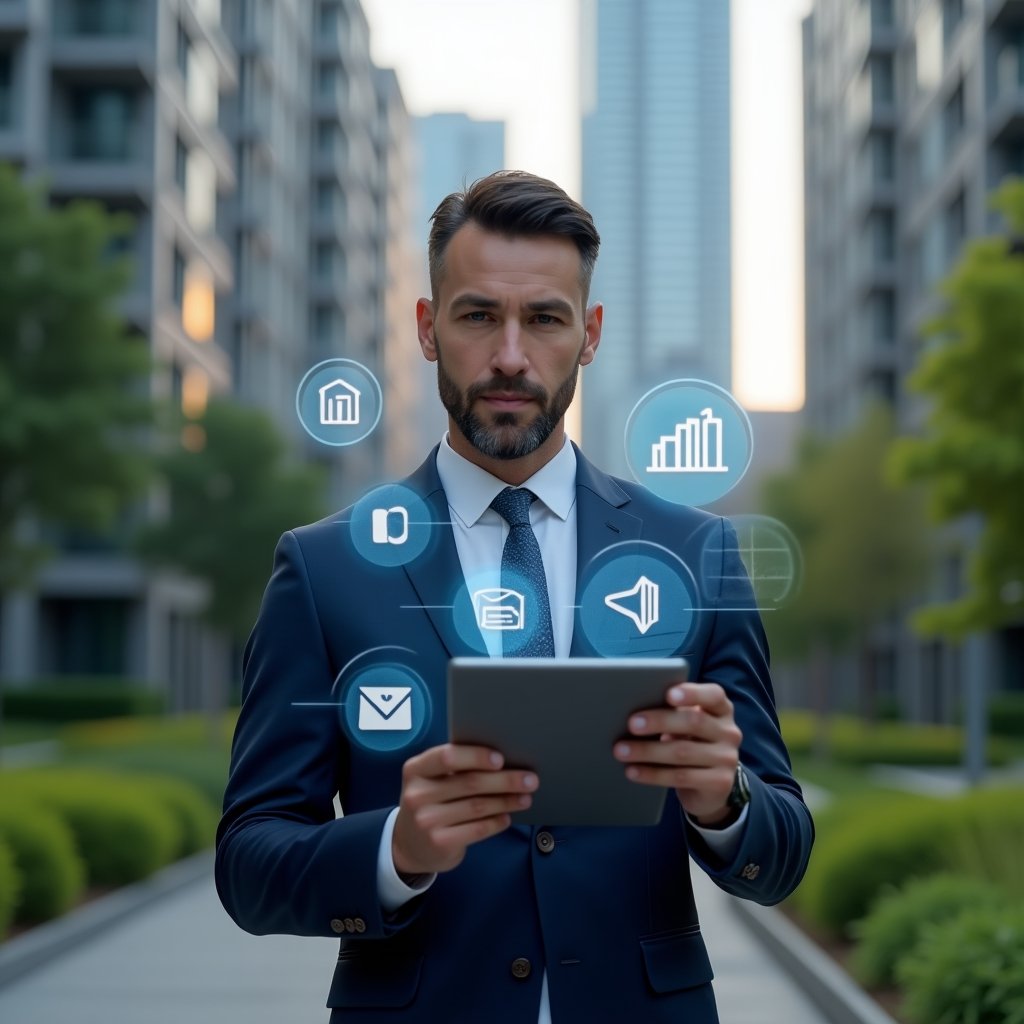 Ultra-realistic condominium manager in a navy blue tailored suit, set in a modern luxury condominium environment with high-rise buildings and meticulously landscaped greenery, holding a digital tablet and comparing a holographic spreadsheet on one side with vibrant app icons on the other, confident and focused expression, floating translucent UI elements symbolizing finance and communication, cinematic lighting, shallow depth of field, highly detailed textures, realistic skin, photographic realism, 8k resolution --ar 1:1 --v 6