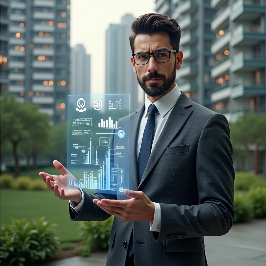 Ultra-realistic condominium manager in a charcoal gray executive suit, set in a modern luxury condominium environment with high-rise buildings and meticulously landscaped gardens in the background, holding and interacting with a floating holographic condominium app interface displaying charts and icons, confident and focused expression, cinematic lighting, shallow depth of field, highly detailed textures, realistic skin, photographic realism, 8k resolution --ar 1:1 --v 6