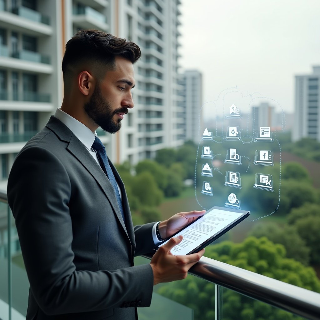 (Ultra-realistic condominium manager in a charcoal gray executive suit, set in a modern luxury condominium environment with high-rise buildings and meticulously landscaped gardens, reviewing a holographic checklist of financial documents on a transparent tablet while standing by a glass railing, floating icons of receipts, reports, and assembly minutes surrounding them, confident and focused expression, cinematic lighting, shallow depth of field, highly detailed textures, realistic skin, photographic realism, 8k resolution --ar 1:1 --v 6)