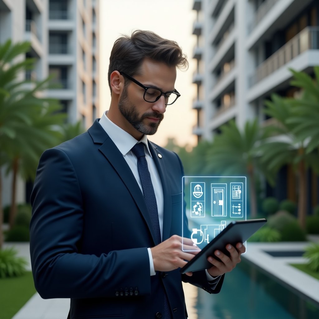 (Ultra-realistic condominium manager in a tailored navy suit, set in a modern luxury condominium environment with high-rise buildings and lush green landscaping, holding a digital tablet displaying a holographic maintenance checklist with icons of an elevator, plumbing pipes and electrical wiring, examining the hologram with a confident, focused expression, cinematic lighting, shallow depth of field, highly detailed textures, realistic skin, photographic realism, 8k resolution --ar 1:1 --v 6)