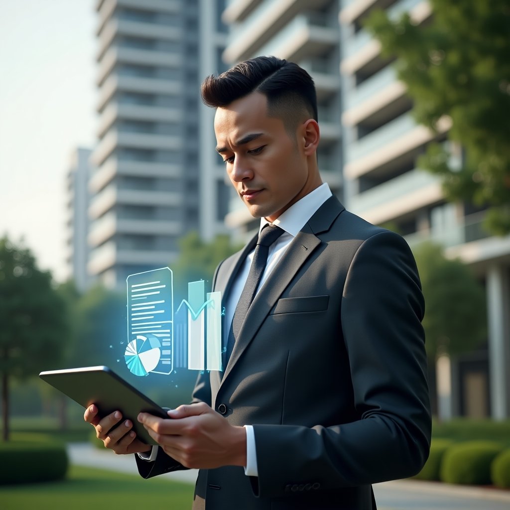 (Ultra-realistic condominium manager in a charcoal gray executive suit, set in a modern luxury condominium environment with high-rise buildings and manicured green landscaping, holding a tablet projecting a holographic expense checklist and pie chart, confident and focused expression, cinematic lighting, shallow depth of field, highly detailed textures, realistic skin, photographic realism, 8k resolution --ar 1:1 --v 6)