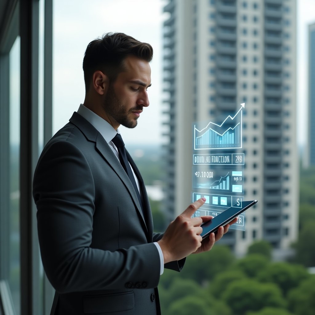 Ultra-realistic condominium manager in a charcoal gray suit, set in a modern luxury condominium environment with high-rise buildings and green landscaping, holding a digital tablet while reviewing a holographic monthly accounts checklist and floating financial charts, expression focused and confident, cinematic lighting, shallow depth of field, highly detailed textures, realistic skin, photographic realism, 8k resolution --ar 1:1 --v 6