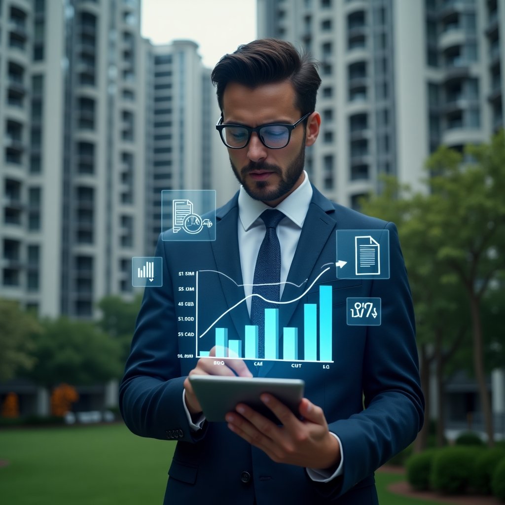 Ultra-realistic condominium manager in a navy blue executive suit, set in a modern luxury condominium environment with high-rise buildings and green landscaping, analyzing monthly financial holographic charts projected from a tablet with confidence, floating icons of documents, bank statements and check marks around them, cinematic lighting, shallow depth of field, highly detailed textures, realistic skin, photographic realism, 8k resolution --ar 1:1 --v 6