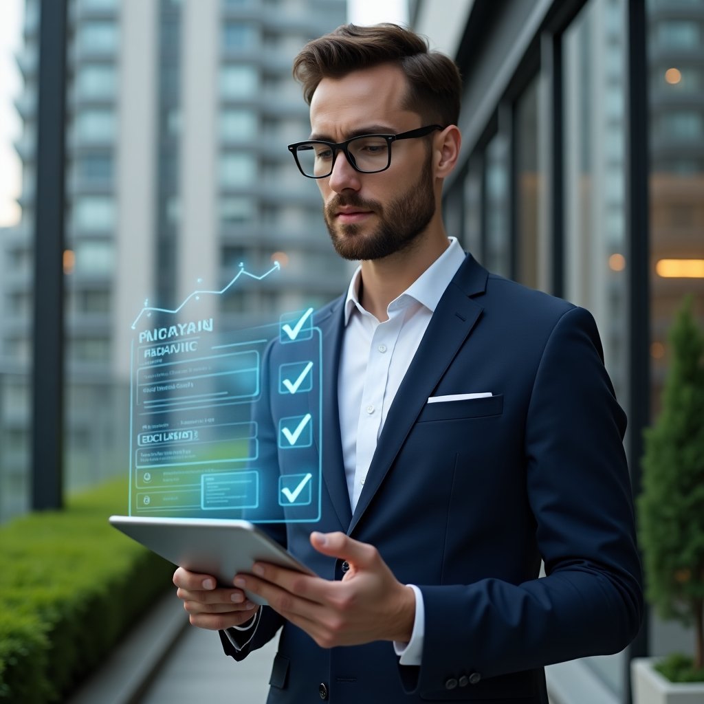 (Ultra-realistic condo manager in a tailored navy suit, set in a modern luxury condominium environment with high-rise buildings and manicured greenery, reviewing a holographic financial checklist projected above a tablet, confident and focused expression, floating icons of charts and checkmarks symbolizing transparent accounting, cinematic lighting, shallow depth of field, highly detailed textures, realistic skin, photographic realism, 8k resolution --ar 1:1 --v 6)