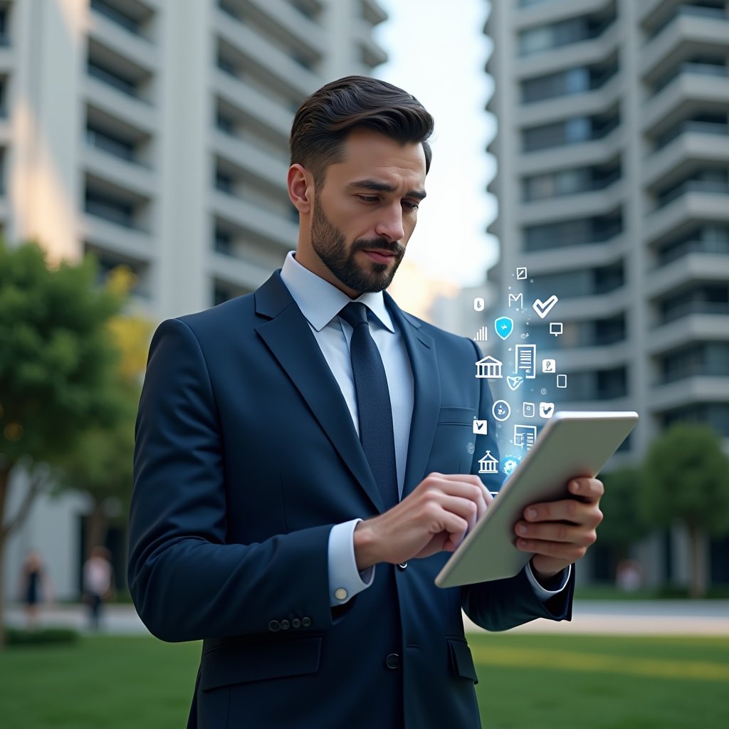 Ultra-realistic condominium manager in a navy blue suit, set in a modern luxury condominium environment with high-rise buildings and manicured green landscaping, reviewing a digital checklist on a transparent tablet with floating holographic checkmarks and document icons, confident expression, cinematic lighting, shallow depth of field, highly detailed textures, realistic skin, photographic realism, 8k resolution --ar 1:1 --v 6