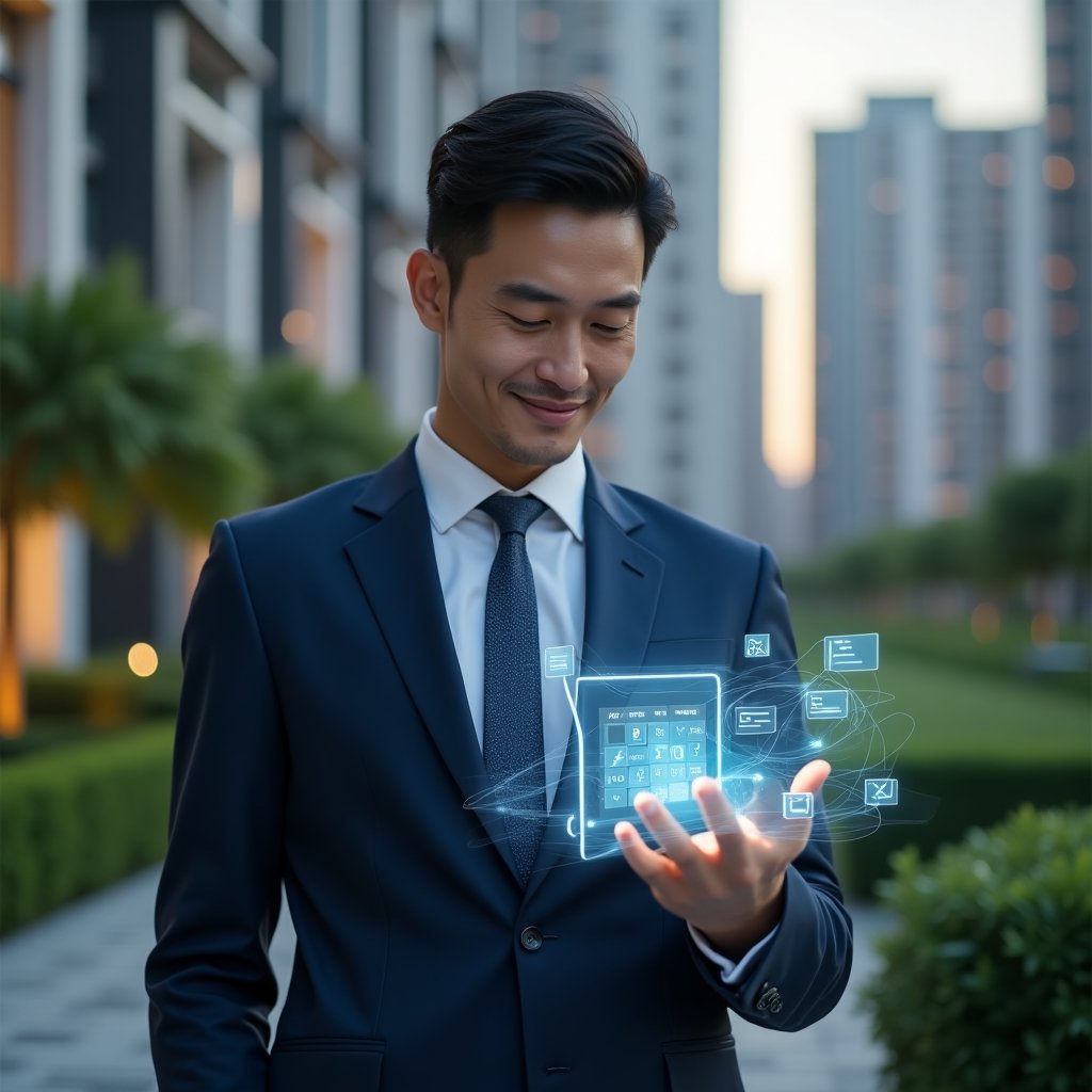 (Ultra-realistic condominium manager in a navy executive suit, set in a modern luxury condominium environment with high-rise buildings and manicured green landscaping, interacting with a glowing holographic calendar displaying maintenance tasks and assembly schedules, floating checklist icons and timeline graphs around them, expression focused and confident, cinematic lighting, shallow depth of field, highly detailed textures, realistic skin, photographic realism, 8k resolution --ar 1:1 --v 6)