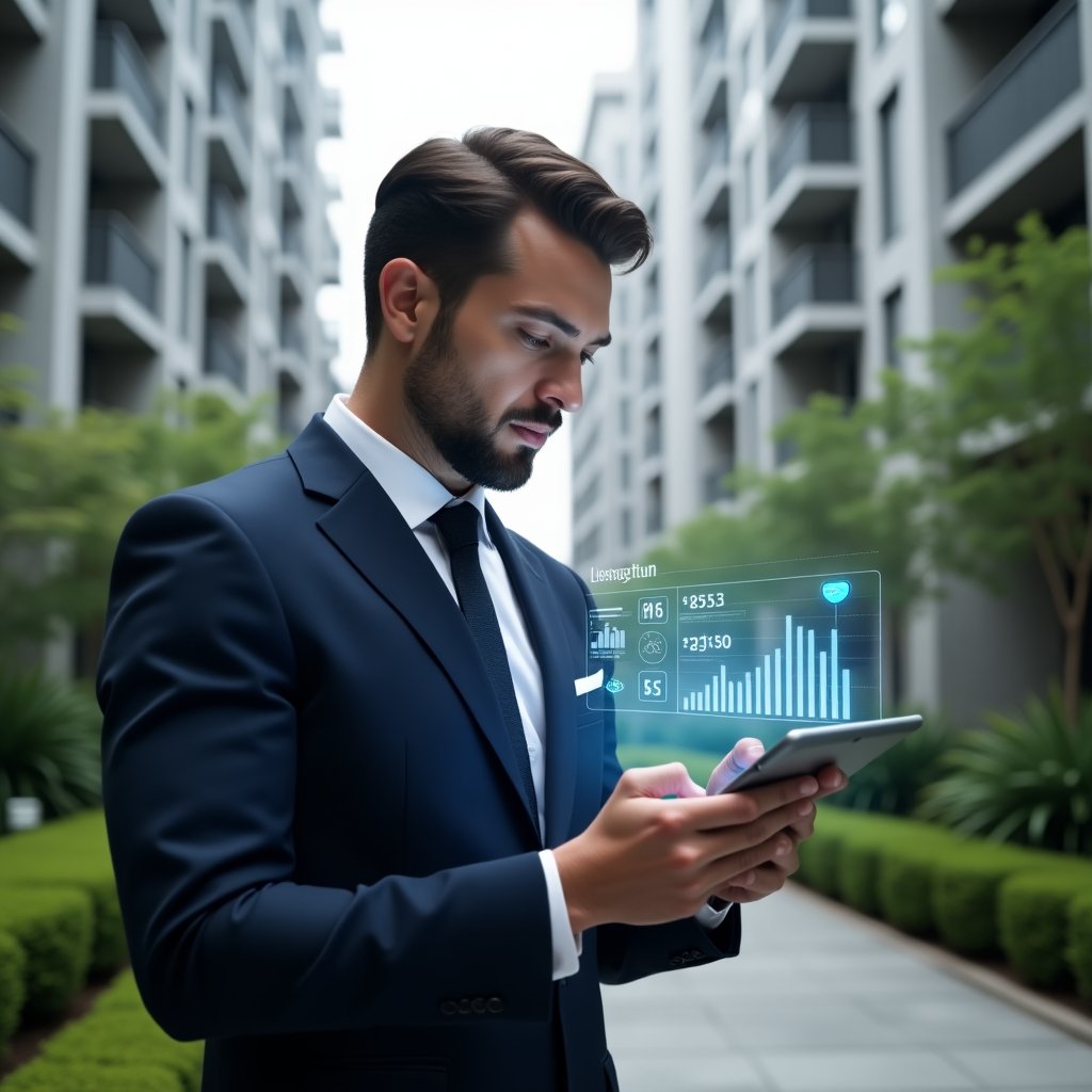 Ultra-realistic condominium manager in a tailored navy suit, set in a modern luxury condominium environment with high-rise buildings and manicured green landscaping, examining a digital tablet with floating holographic cost-saving charts and budget icons, thoughtful and confident expression, cinematic lighting, shallow depth of field, highly detailed textures, realistic skin, photographic realism, 8k resolution --ar 1:1 --v 6