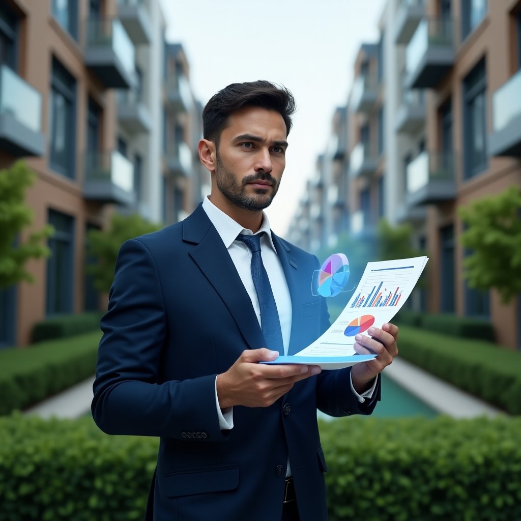(Ultra-realistic condominium manager in a tailored navy-blue suit, set in a modern luxury condominium environment with high-rise buildings and manicured green landscaping, holding and analyzing a floating holographic financial report with pie charts and graphs, confident and focused expression, cinematic lighting, shallow depth of field, highly detailed textures, realistic skin, photographic realism, 8k resolution --ar 1:1 --v 6)
