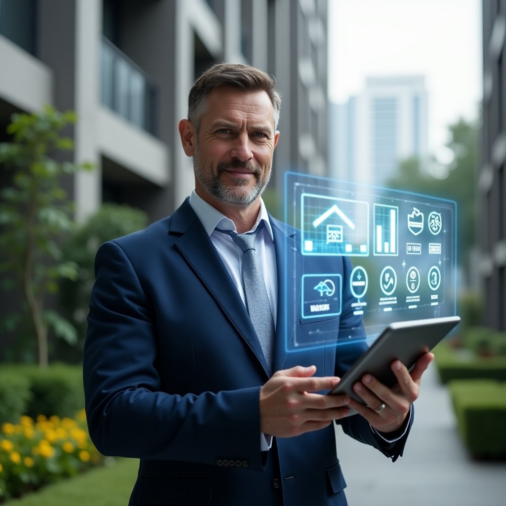 (Ultra-realistic condominium manager in a navy executive suit, set in a modern luxury condominium environment with high-rise buildings and manicured green landscaping, holding a digital tablet displaying holographic cost-saving graphs and icons for energy, maintenance and contracts, confidently analyzing data, cinematic lighting, shallow depth of field, highly detailed textures, realistic skin, photographic realism, 8k resolution --ar 1:1 --v 6)