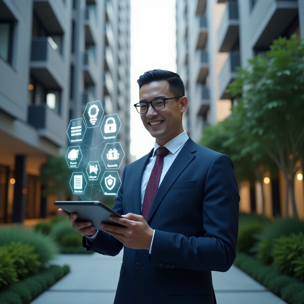 (Ultra-realistic condominium manager in a navy blue business suit, set in a modern luxury condominium environment with high-rise buildings and meticulously landscaped greenery, mid-shot of a confident professional holding a tablet displaying holographic icons for communication, reservations, finance, security and maintenance, interactive digital interface floating above the screen, cinematic lighting, shallow depth of field, highly detailed textures, realistic skin, photographic realism, 8k resolution --ar 1:1 --v 6)