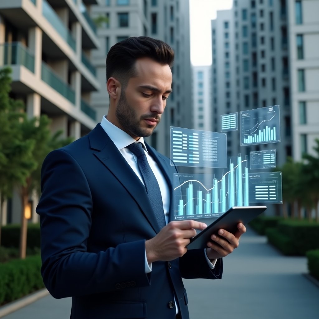 Ultra-realistic condominium manager in a navy blue suit, set in a modern luxury condominium environment with high-rise buildings and lush green landscaping, examining holographic financial charts and transparent accounting graphs projected from a tablet, confident and focused expression, floating icons of invoices and audit logs around them, cinematic lighting, shallow depth of field, highly detailed textures, realistic skin, photographic realism, 8k resolution --ar 1:1 --v 6
