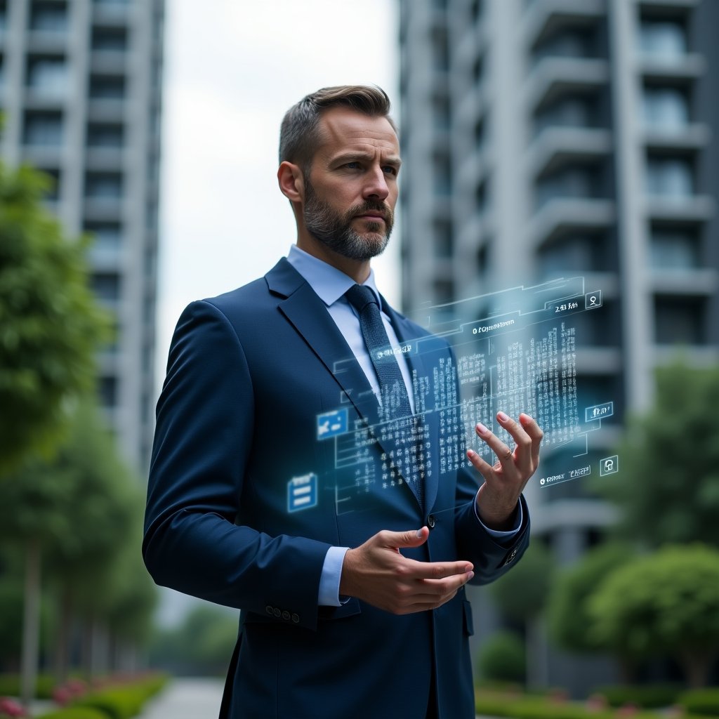 Ultra-realistic condominium manager in a navy blue tailored suit, set in a modern luxury condominium environment with high-rise buildings and lush green landscaping, interacting with holographic financial charts displaying real-time income, expenses, and area reservation data, confident and focused expression, holographic icons of currency symbols and calendar overlays floating around, cinematic lighting, shallow depth of field, highly detailed textures, realistic skin, photographic realism, 8k resolution --ar 1:1 --v 6