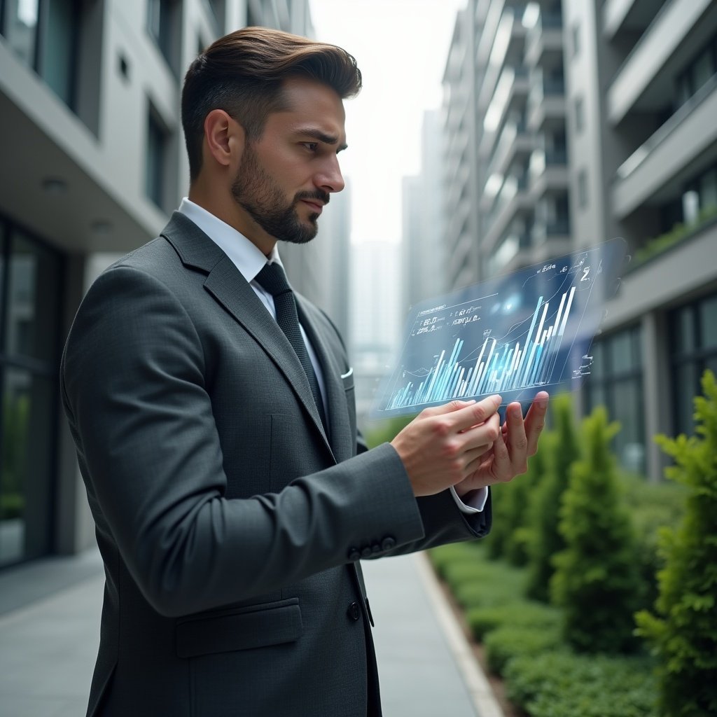 (Ultra-realistic condominium manager in a charcoal grey executive suit, set in a modern luxury condominium environment with high-rise buildings and manicured green landscaping, standing in a medium shot reviewing a holographic financial dashboard with rising bar charts and floating invoice icons, confident and analytical expression, cinematic lighting, shallow depth of field, highly detailed textures, realistic skin, photographic realism, 8k resolution --ar 1:1 --v 6)