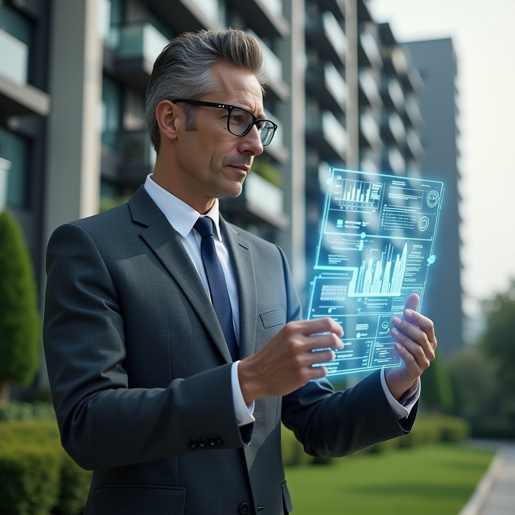 Ultra-realistic condominium manager in a charcoal gray suit, set in a modern luxury condominium environment with high-rise buildings and manicured green landscaping, analyzing a floating holographic financial report with transparent charts and graphs, confident expression, hologram of digital ledgers and approval stamps glowing beside them, cinematic lighting, shallow depth of field, highly detailed textures, realistic skin, photographic realism, 8k resolution --ar 1:1 --v 6
