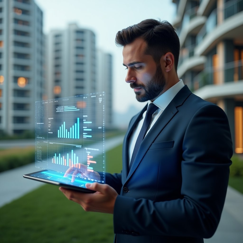 (Ultra-realistic condominium manager in a navy suit, set in a modern luxury condominium environment with high-rise buildings and green landscaping, reviewing a holographic financial report projected above a tablet, floating charts and graphs representing fast and accurate accounting, confident and focused expression, cinematic lighting, shallow depth of field, highly detailed textures, realistic skin, photographic realism, 8k resolution --ar 1:1 --v 6)