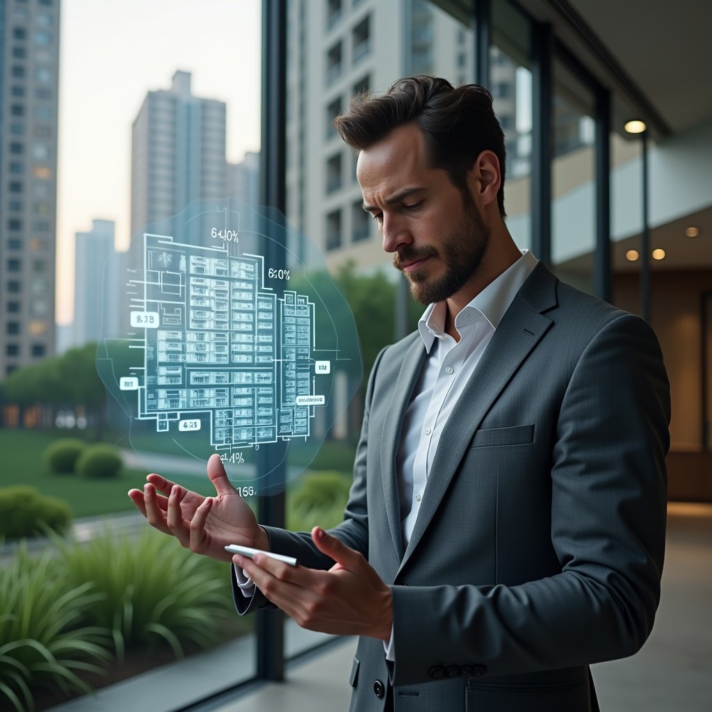(Ultra-realistic condominium manager in a charcoal gray suit, set in a modern luxury condominium environment with high-rise buildings and manicured green gardens, examining a floating holographic diagram of unit fractions and condo areas with a stylus in hand, transparent icons of building floor plans and percentage symbols orbiting around the display, thoughtful and confident expression, cinematic lighting, shallow depth of field, highly detailed textures, realistic skin, photographic realism, 8k resolution --ar 1:1 --v 6)