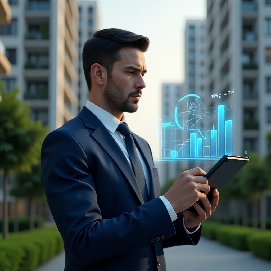 (Ultra-realistic condominium manager in a navy-blue suit, set in a modern luxury condominium environment with high-rise buildings and lush green landscaping, holding a tablet displaying a holographic pie chart and fraction formula overlay, appearing focused and confident, floating percentage symbols and 3D bar graphs around, cinematic lighting, shallow depth of field, highly detailed textures, realistic skin, photographic realism, 8k resolution --ar 1:1 --v 6)