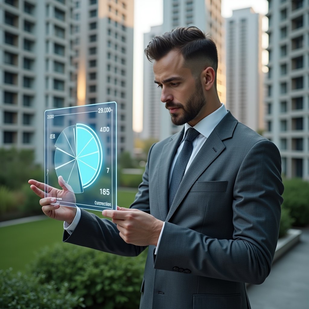 Ultra-realistic condominium manager in a charcoal gray suit, set in a modern luxury condominium environment with high-rise buildings and manicured green landscaping, holding and analyzing a holographic pie chart representing unit fractions, confident and focused expression, cinematic lighting, shallow depth of field, highly detailed textures, realistic skin, photographic realism, 8k resolution --ar 1:1 --v 6